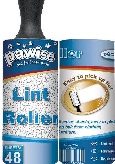 Close view of the Pawise lint roller packaging showing 48 adhesive sheets