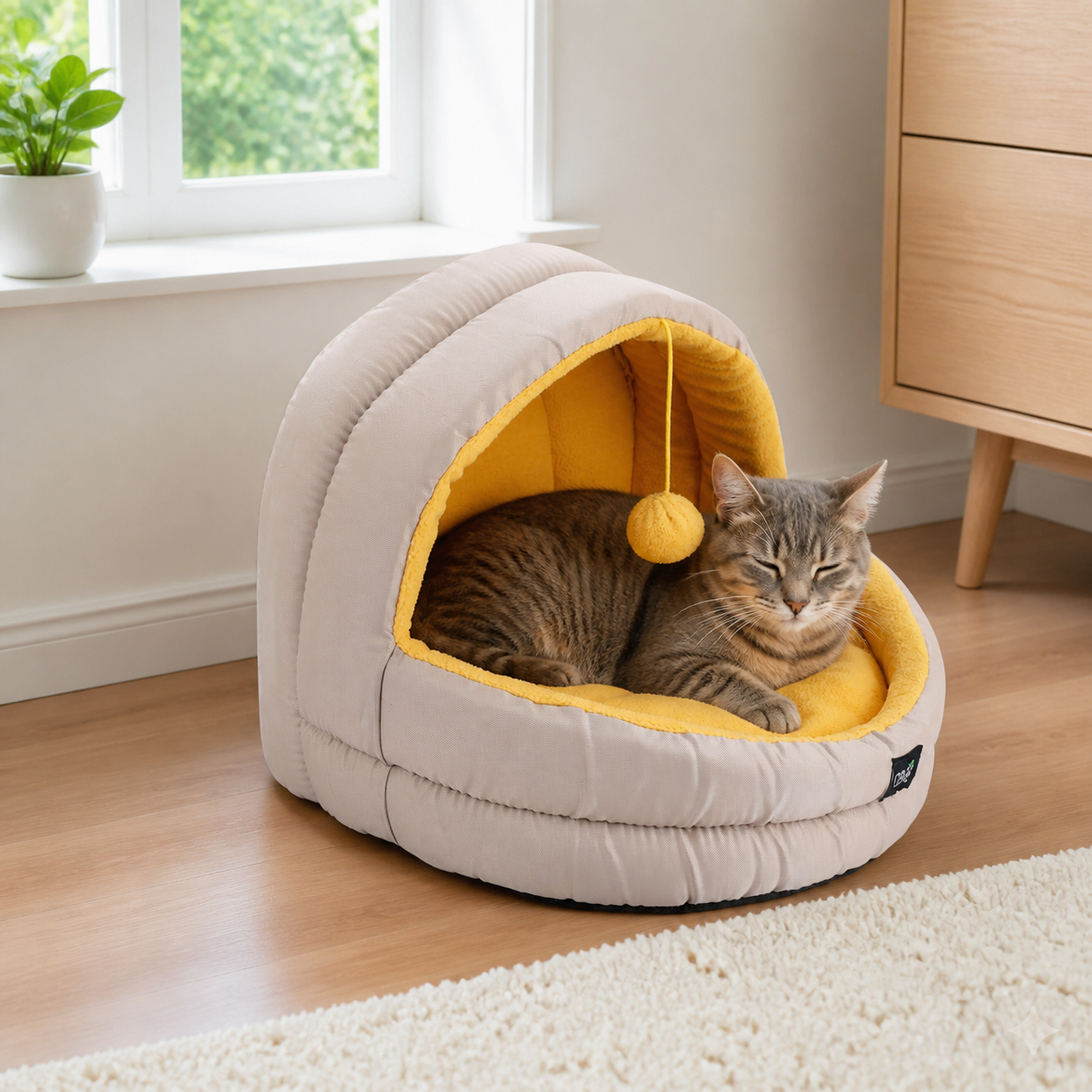 Adult cat resting inside the yellow Minus One hideaway cat cave