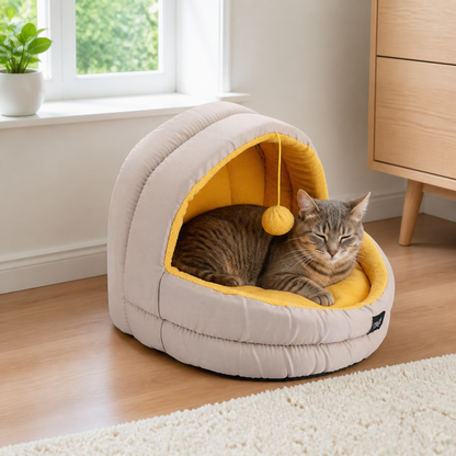 Adult cat resting inside the yellow Minus One hideaway cat cave