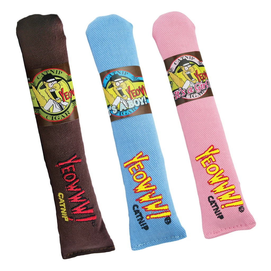 Blue and pink Yeowww catnip cigar colour options together