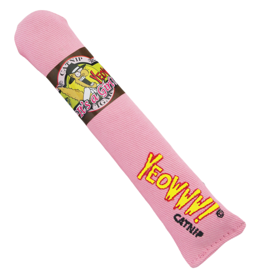 Pink Yeowww catnip cigar toy on a transparent background