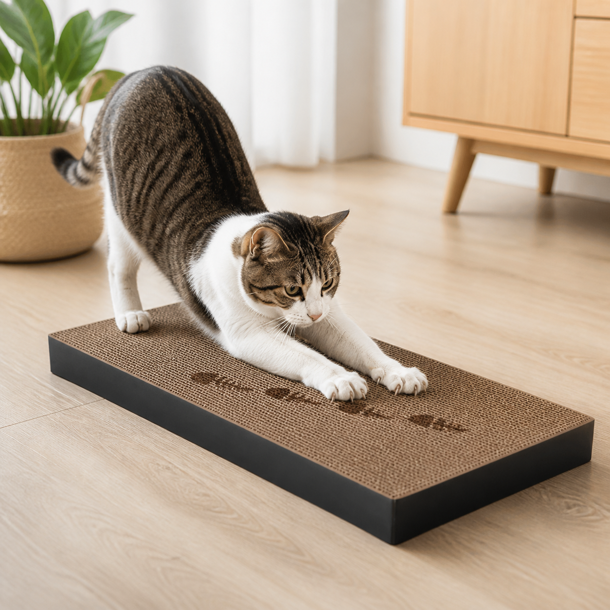 Adult cat stretching and scratching on the large Classic Comfort cardboard scratcher