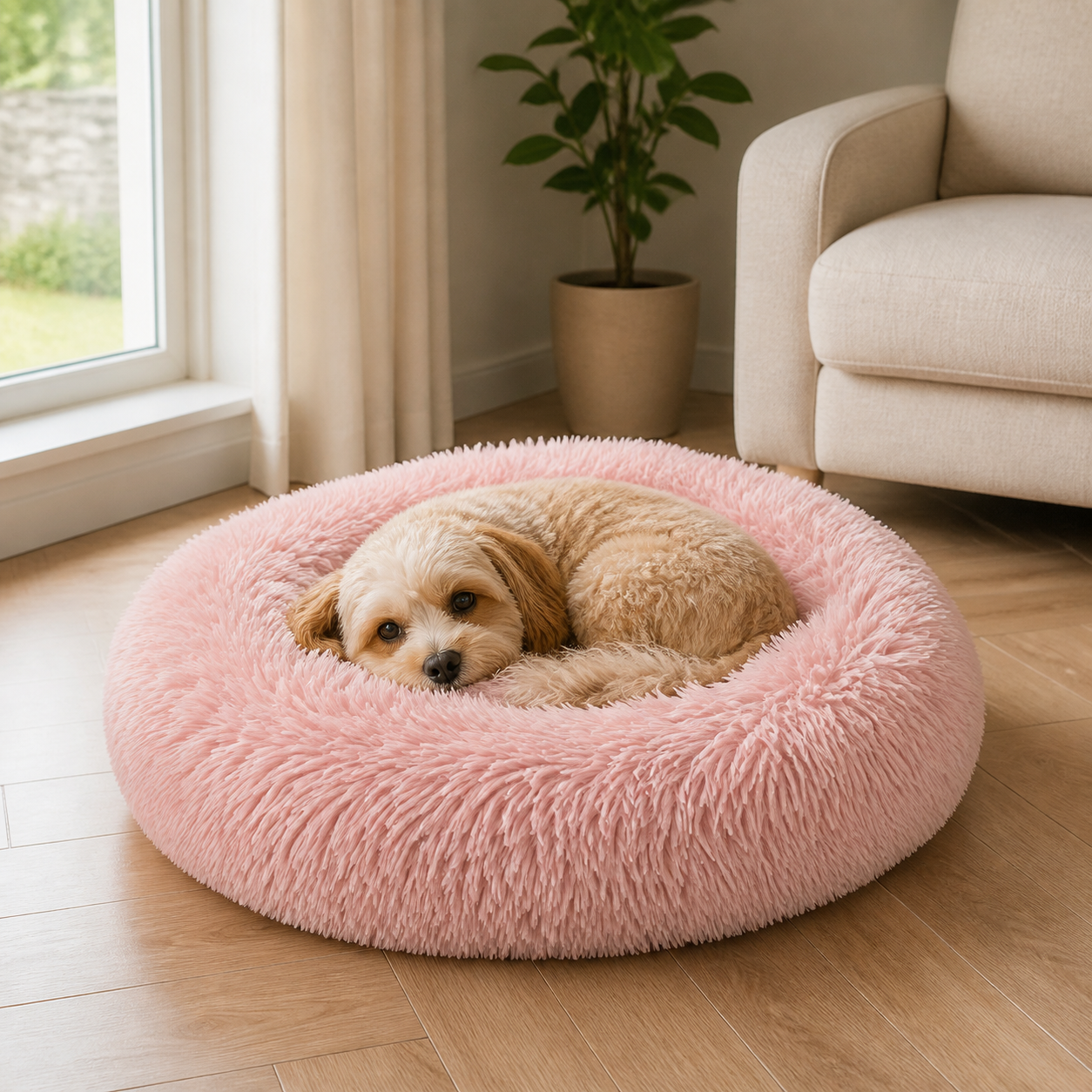 Small dog resting in a beige-pink 50cm donut bed in a bright living room