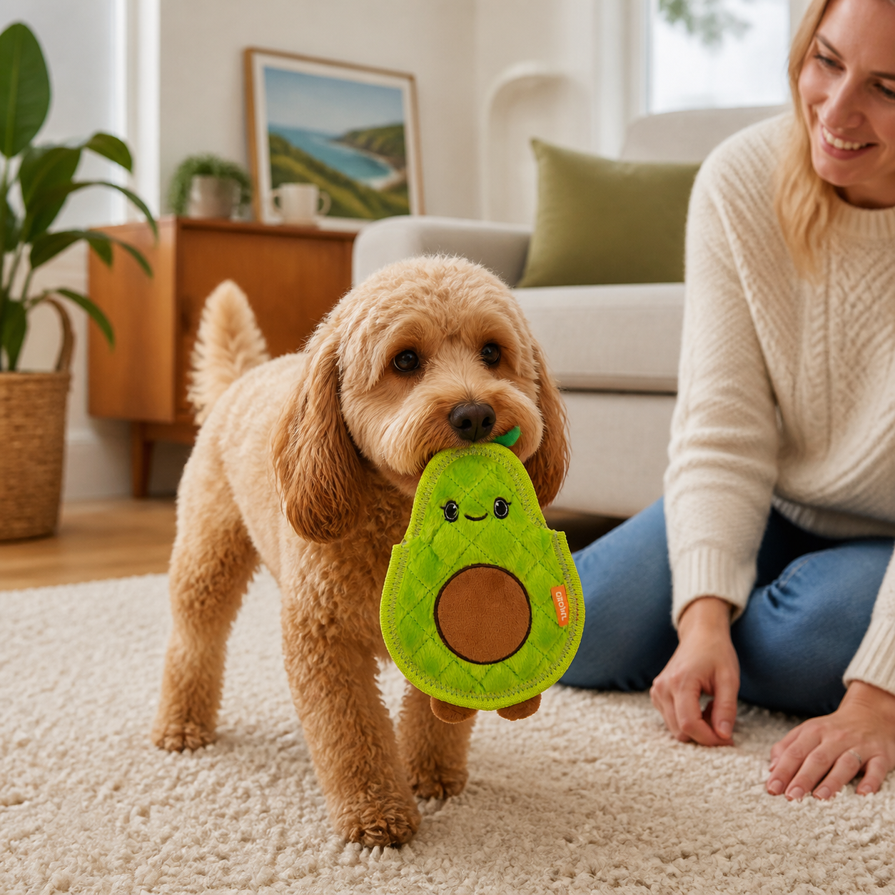 Dog carrying the Growl Flip Floppz avocado toy during supervised indoor play