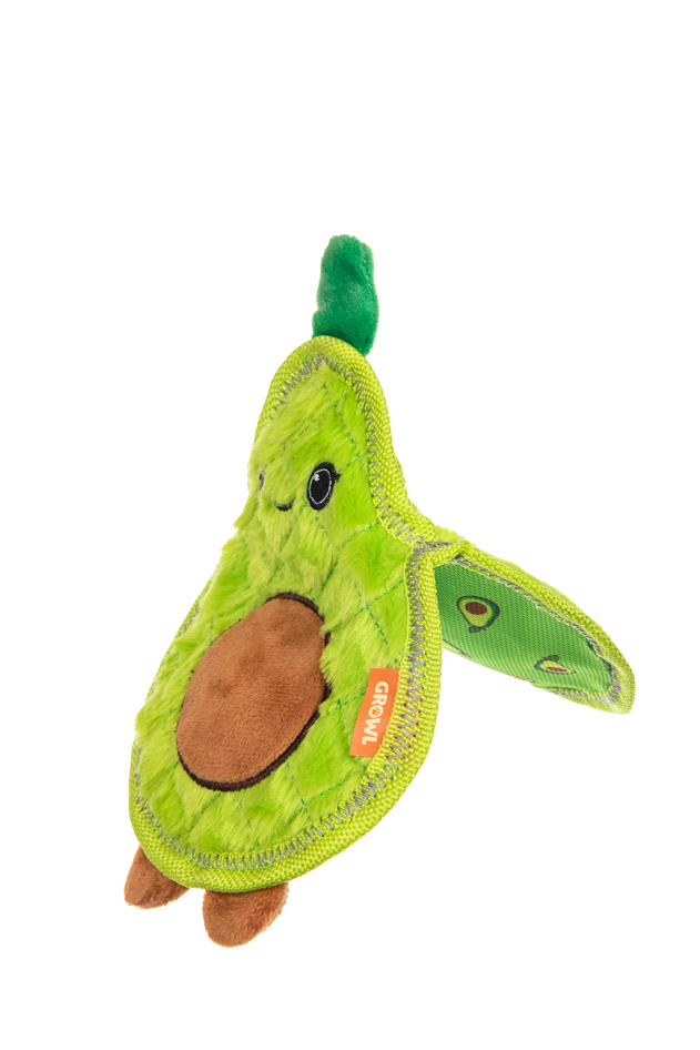 Folded side view showing the three-sided Flip Floppz avocado toy construction