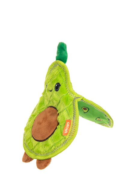 Folded side view showing the three-sided Flip Floppz avocado toy construction