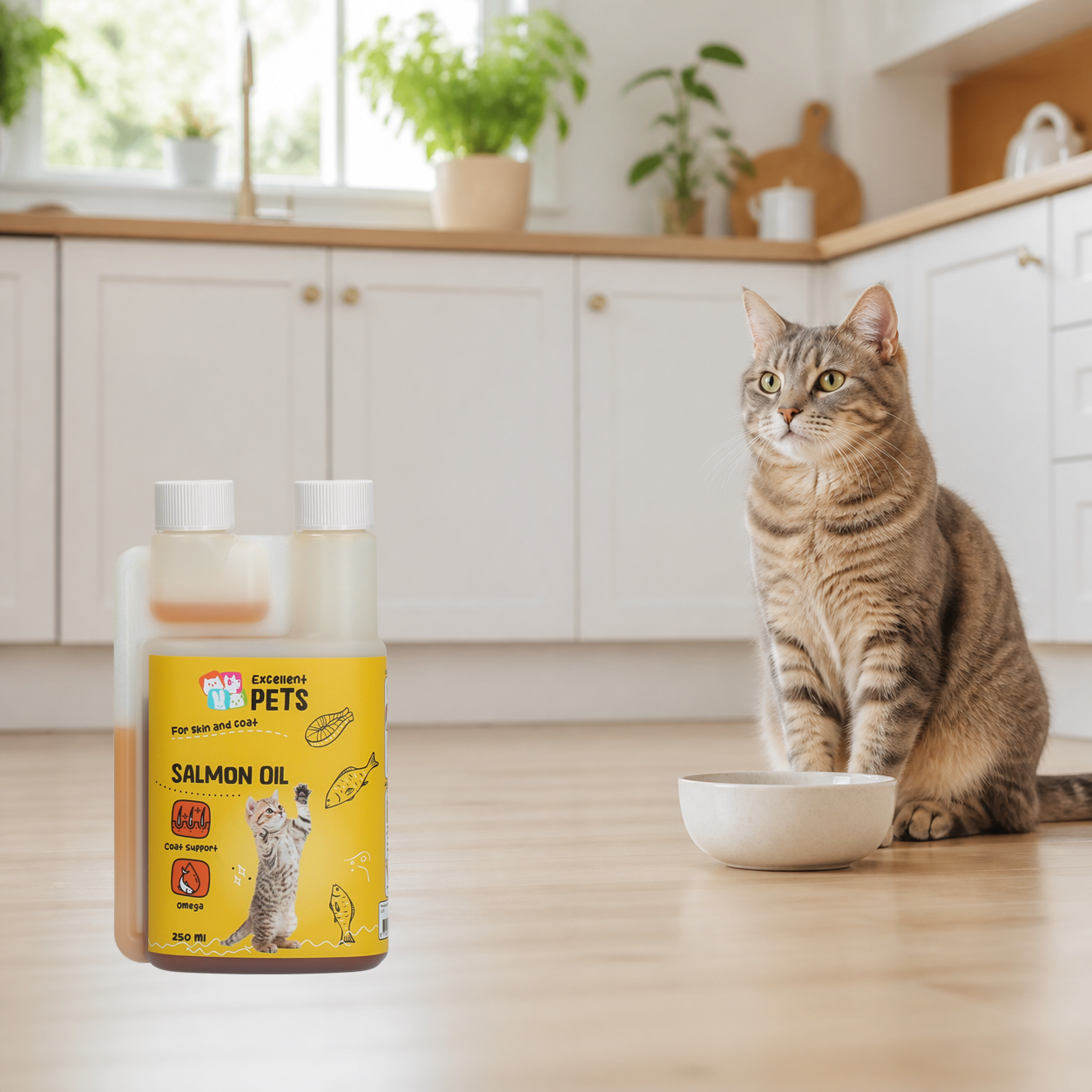 Excellent Pets Cat Salmon Oil 250ml bottle beside a cat and feeding bowl