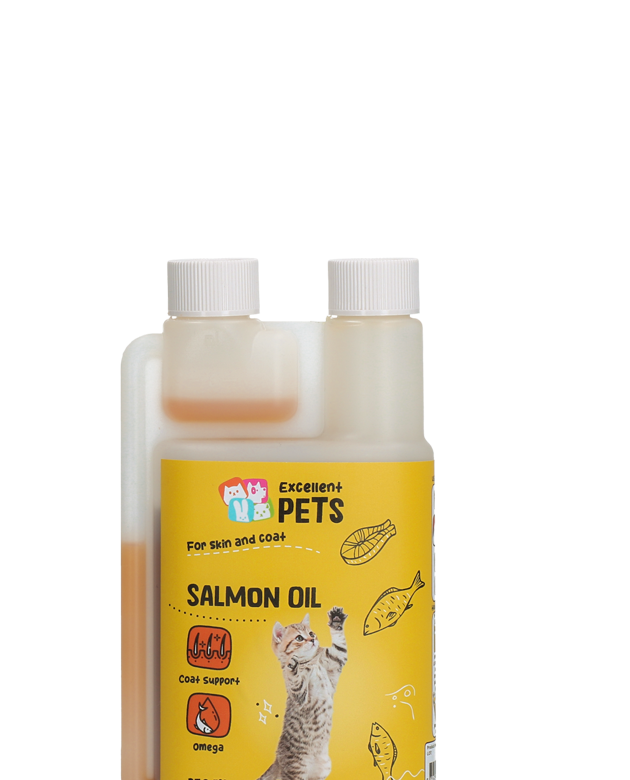 Close view of the Cat Salmon Oil label and twin-neck measuring bottle