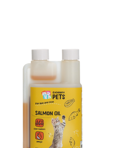 Close view of the Cat Salmon Oil label and twin-neck measuring bottle