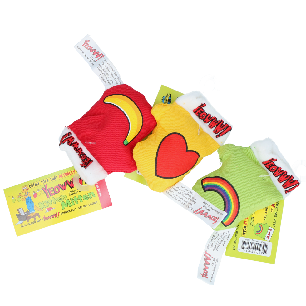 Assorted Yeowww Kitten Mitten catnip toys on a transparent background