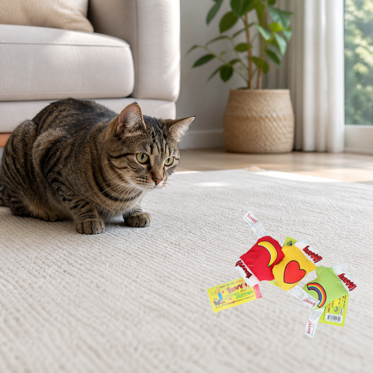 Adult cat watching an assortment of exact Yeowww Kitten Mitten catnip toys