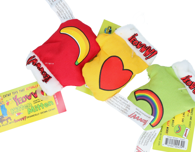 Close view of the assorted colours and printed designs on Yeowww Kitten Mittens