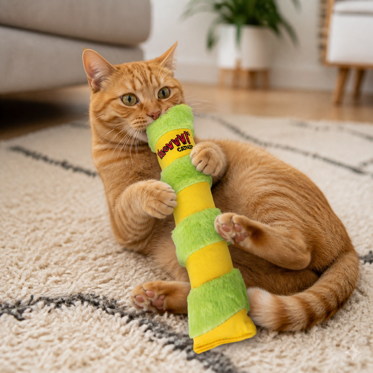 Cat holding and kicking a Yeowww Big Kicker catnip toy