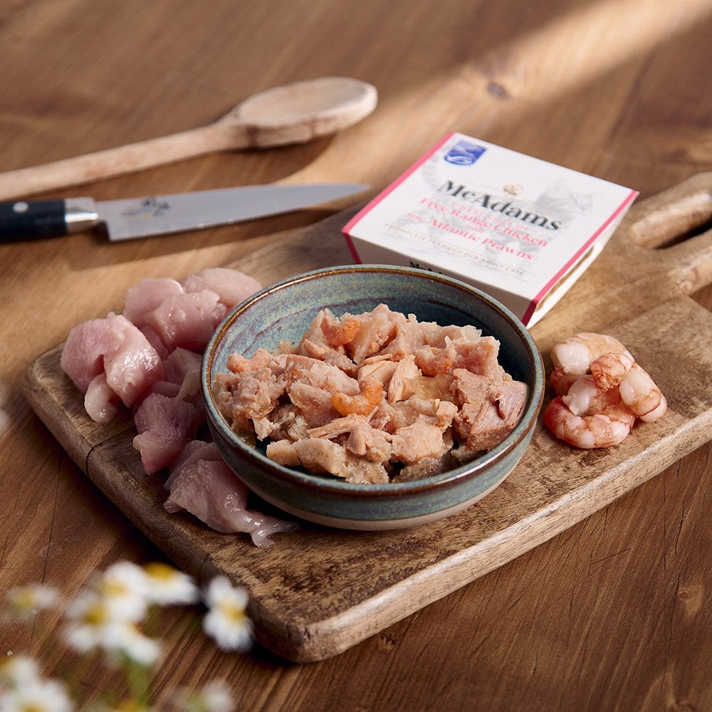 McAdams Chicken with Atlantic Prawns wet cat food served in a bowl