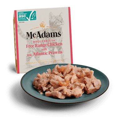 McAdams Free Range Chicken with Atlantic Prawns wet cat food 100g tray and serving