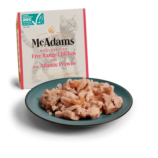 McAdams Free Range Chicken with Atlantic Prawns wet cat food 100g tray and serving
