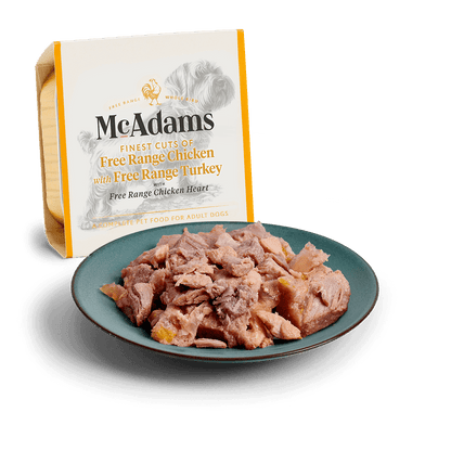 McAdams Chicken with Turkey and Heart wet dog food 150g tray and serving