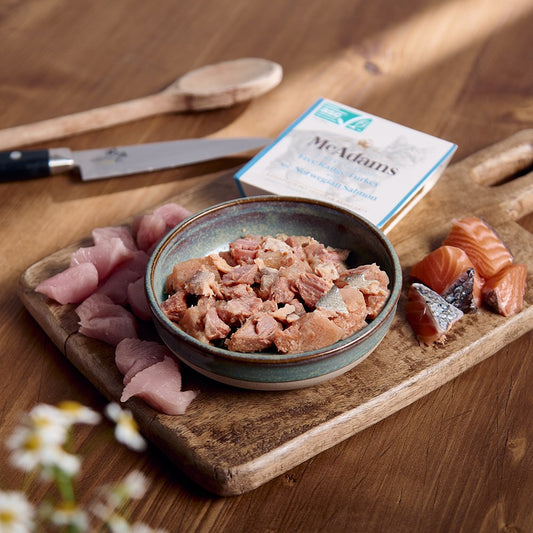 McAdams Turkey with Norwegian Salmon wet cat food served in a bowl