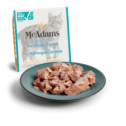 McAdams Free Range Turkey with Norwegian Salmon wet cat food 100g tray and serving