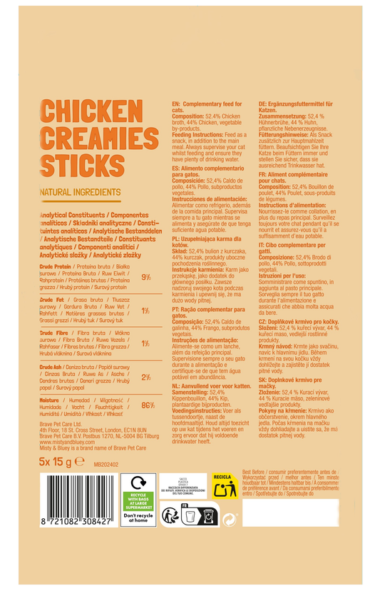 Back of Misty & Bluey Chicken Creamies Sticks 5 x 15g pack with ingredients and feeding guidance