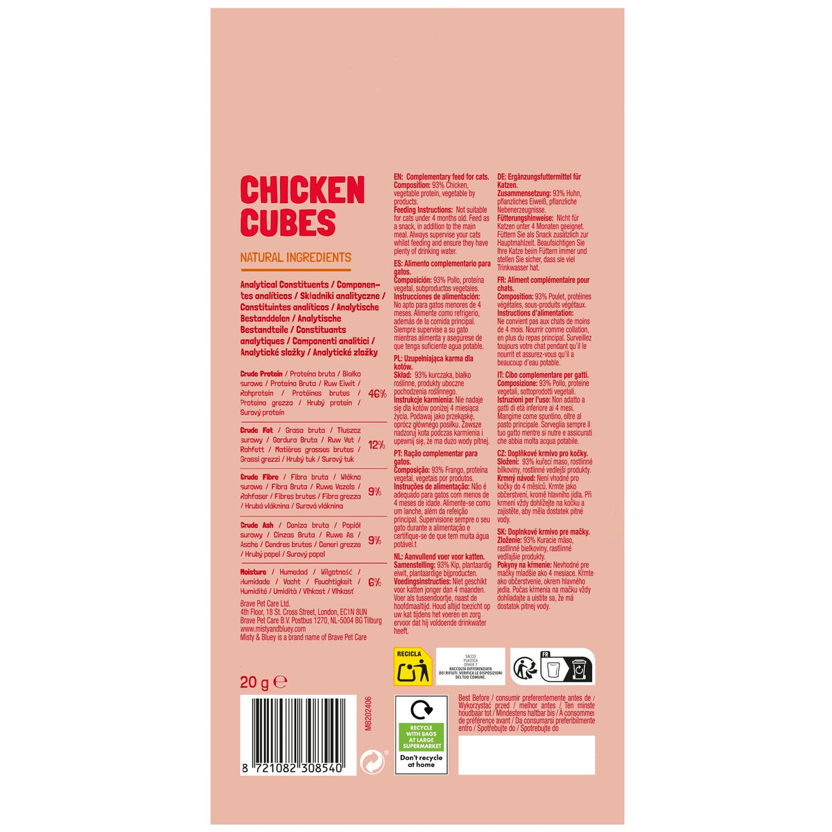 Back of Misty & Bluey Chicken Cubes 20g pack showing ingredients and feeding guidance