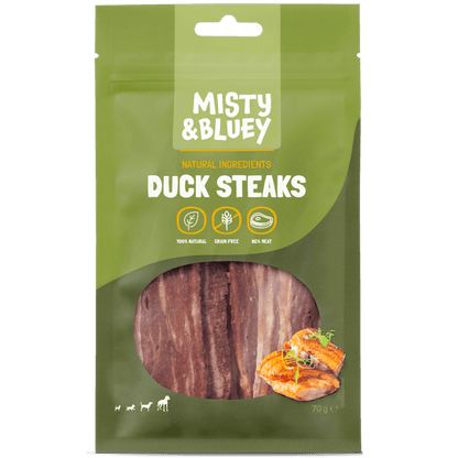 Misty and Bluey Duck Steaks dog treats 70g pack front