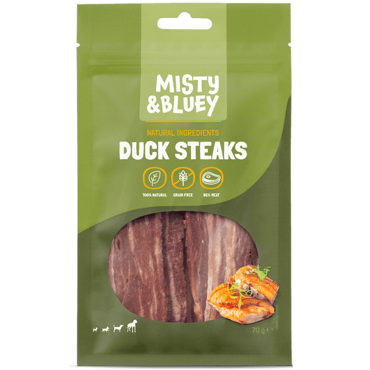 Misty and Bluey Duck Steaks dog treats 70g pack front