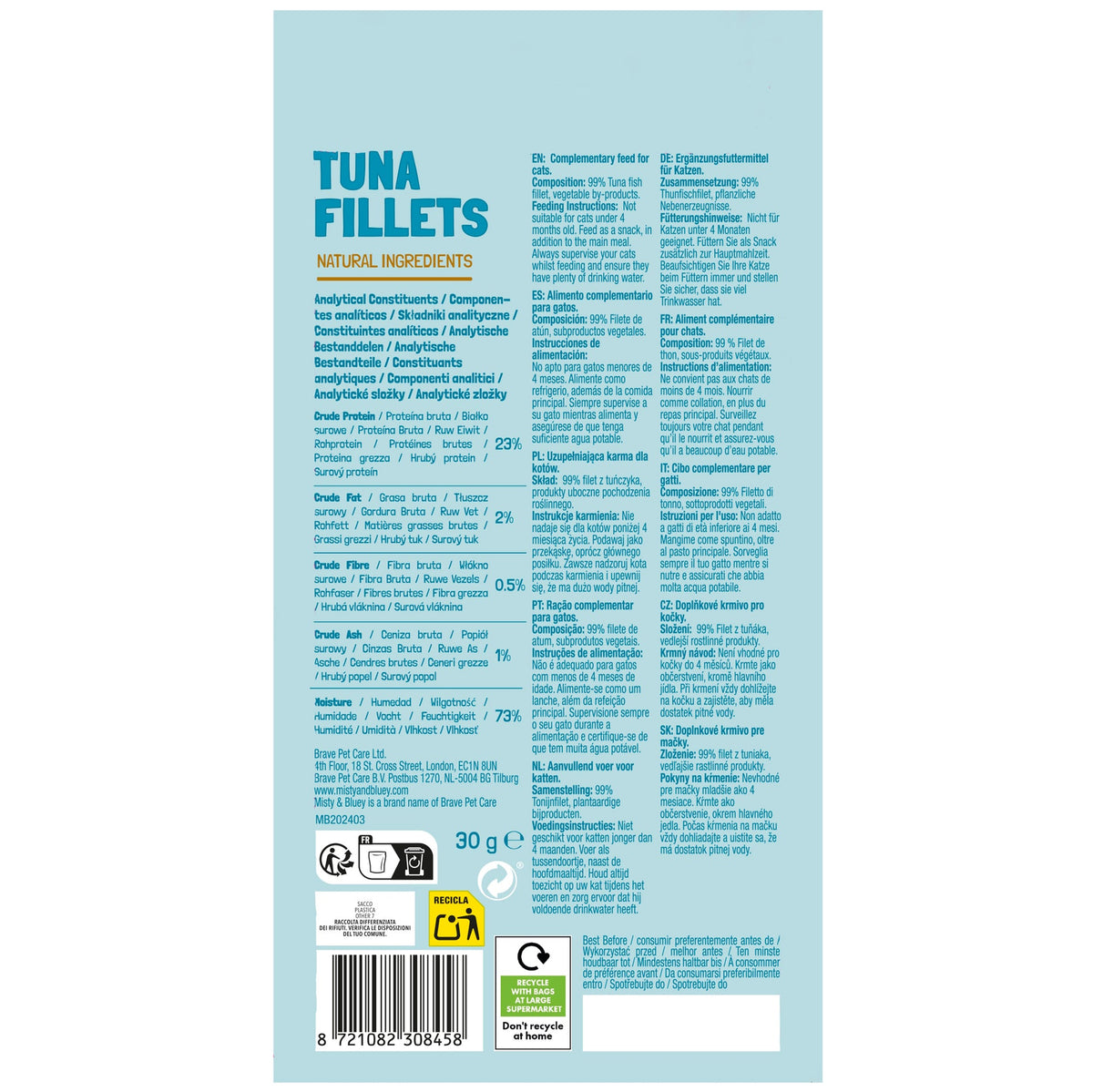 Back of Misty & Bluey Tuna Fillets 30g pack with ingredients and feeding guidance
