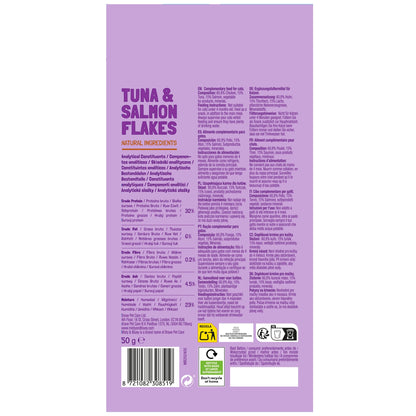 Back of Misty & Bluey Tuna & Salmon Flakes 50g pack with ingredients and feeding guidance