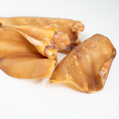 Dehydrated pig ear dog chews on a white background