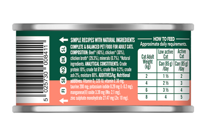 Back label of Natures Menu Beef & Chicken 85g cat food with composition and feeding guide