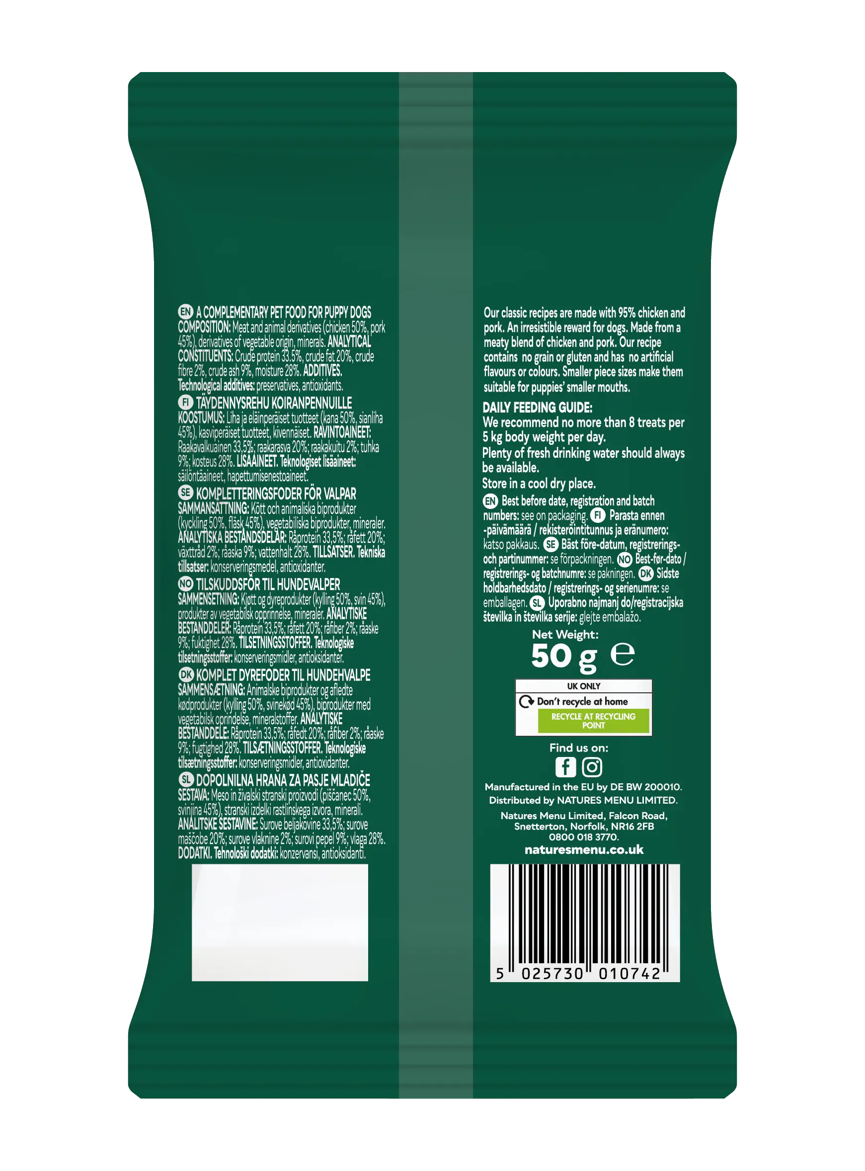 Natures Menu Chicken & Pork Puppy Treats 50g back pack