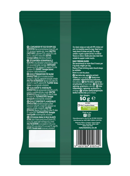 Natures Menu Chicken & Pork Puppy Treats 50g back pack
