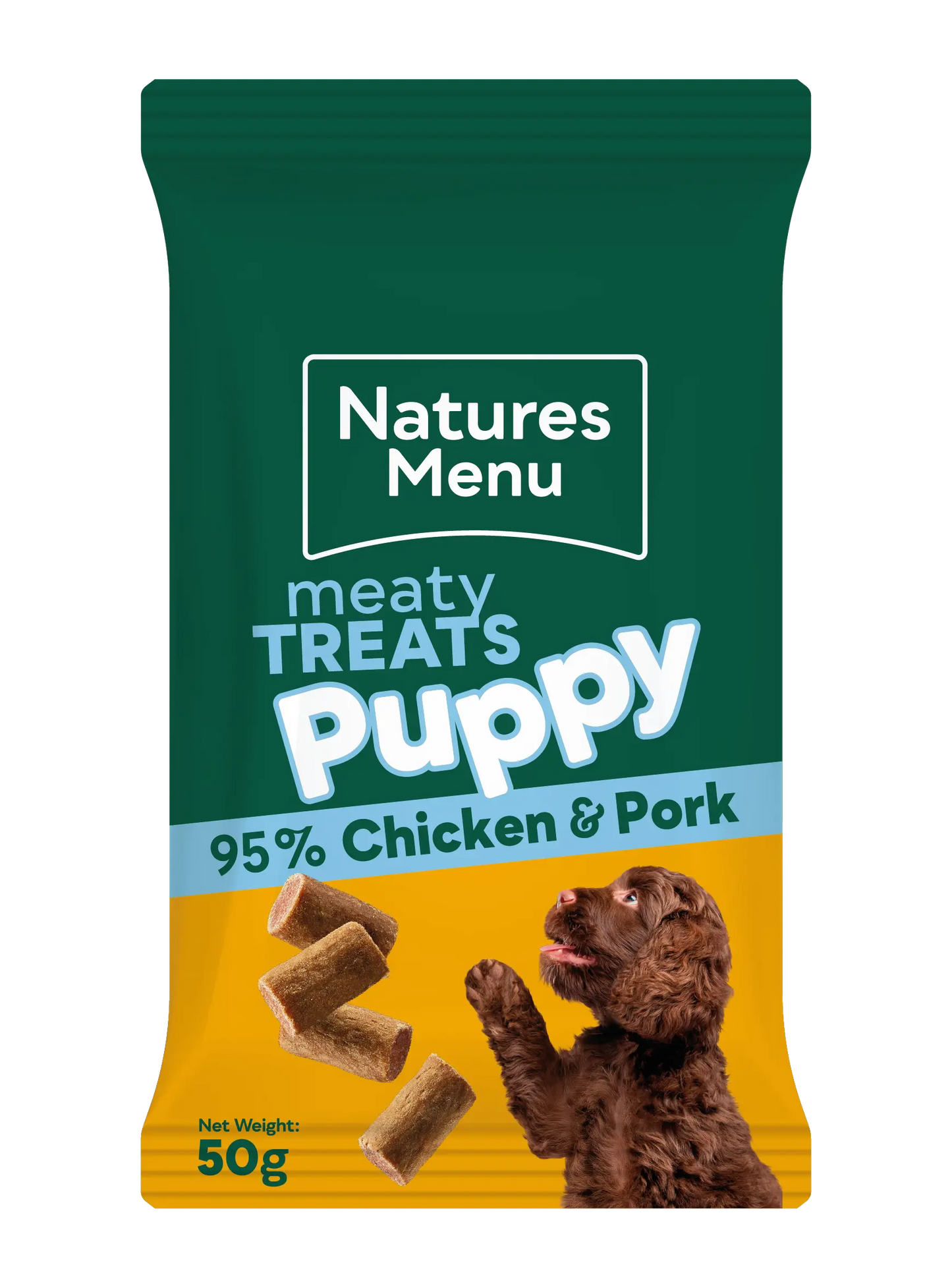 Natures Menu Chicken & Pork Puppy Treats 50g front pack