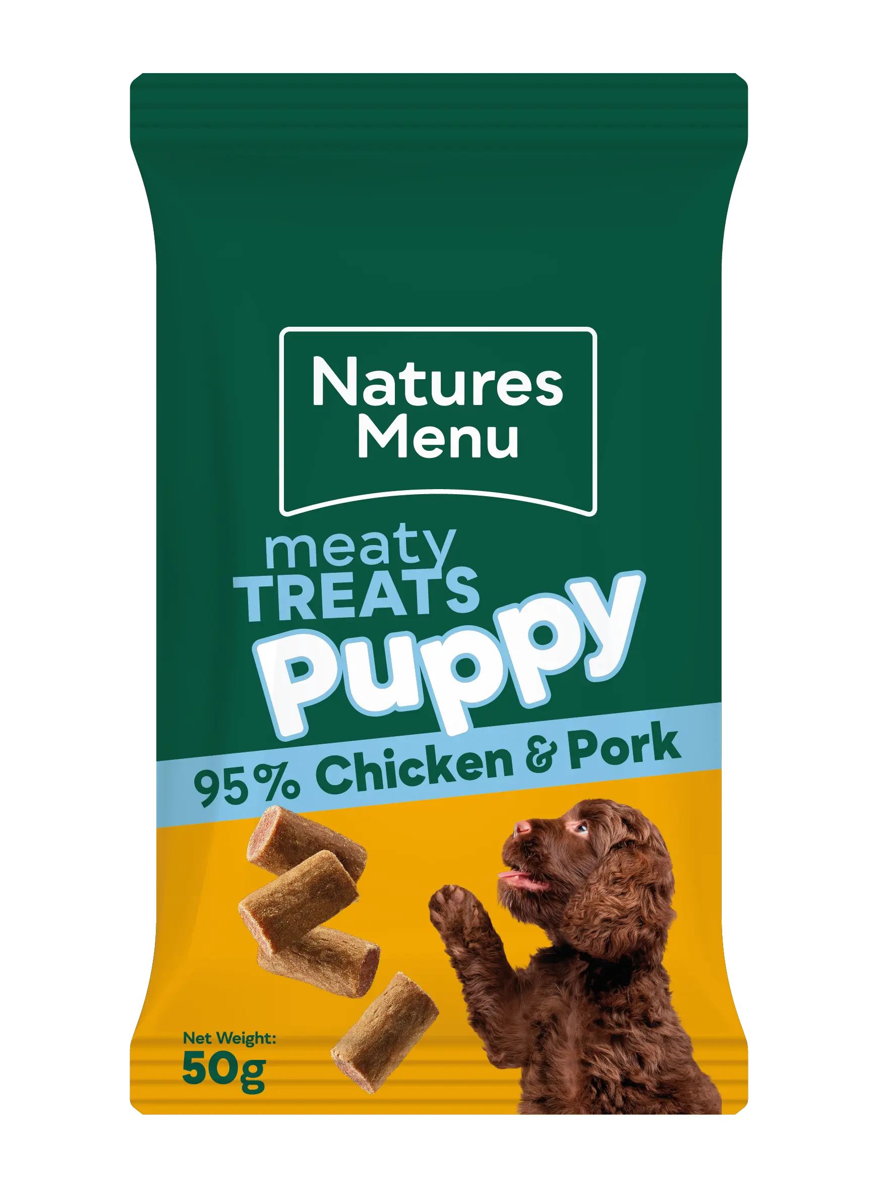 Natures Menu Chicken & Pork Puppy Treats 50g front pack