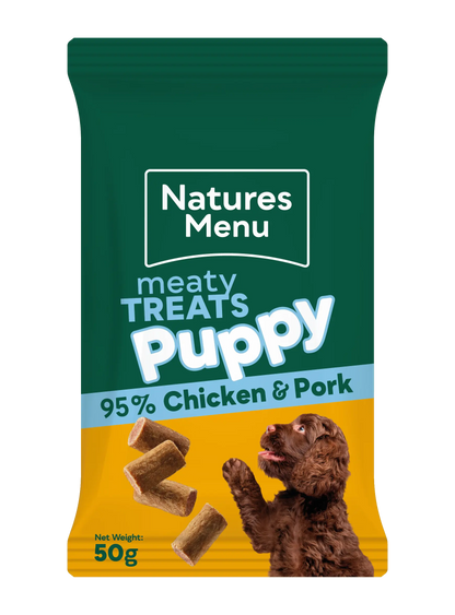 Natures Menu Chicken & Pork Puppy Treats 50g front pack