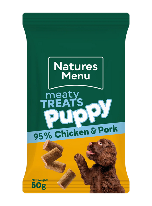 Natures Menu Chicken & Pork Puppy Treats 50g front pack