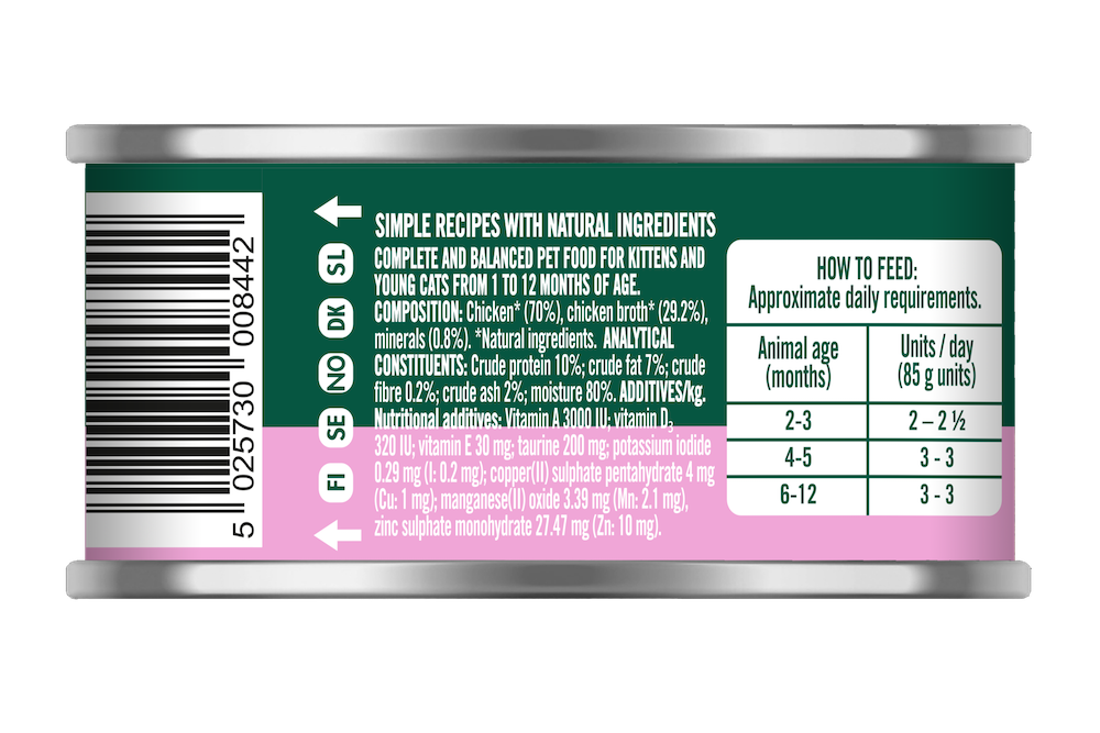 Back label of Natures Menu Kitten Chicken 85g food with composition and feeding guide