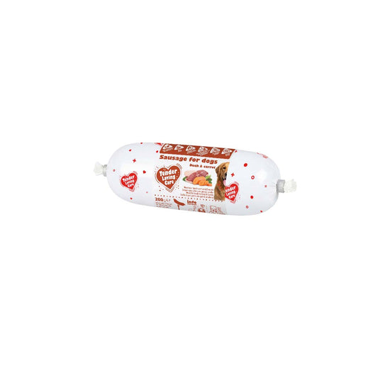 Tender Loving Care Duck and Carrot dog sausage 200g wrapped product