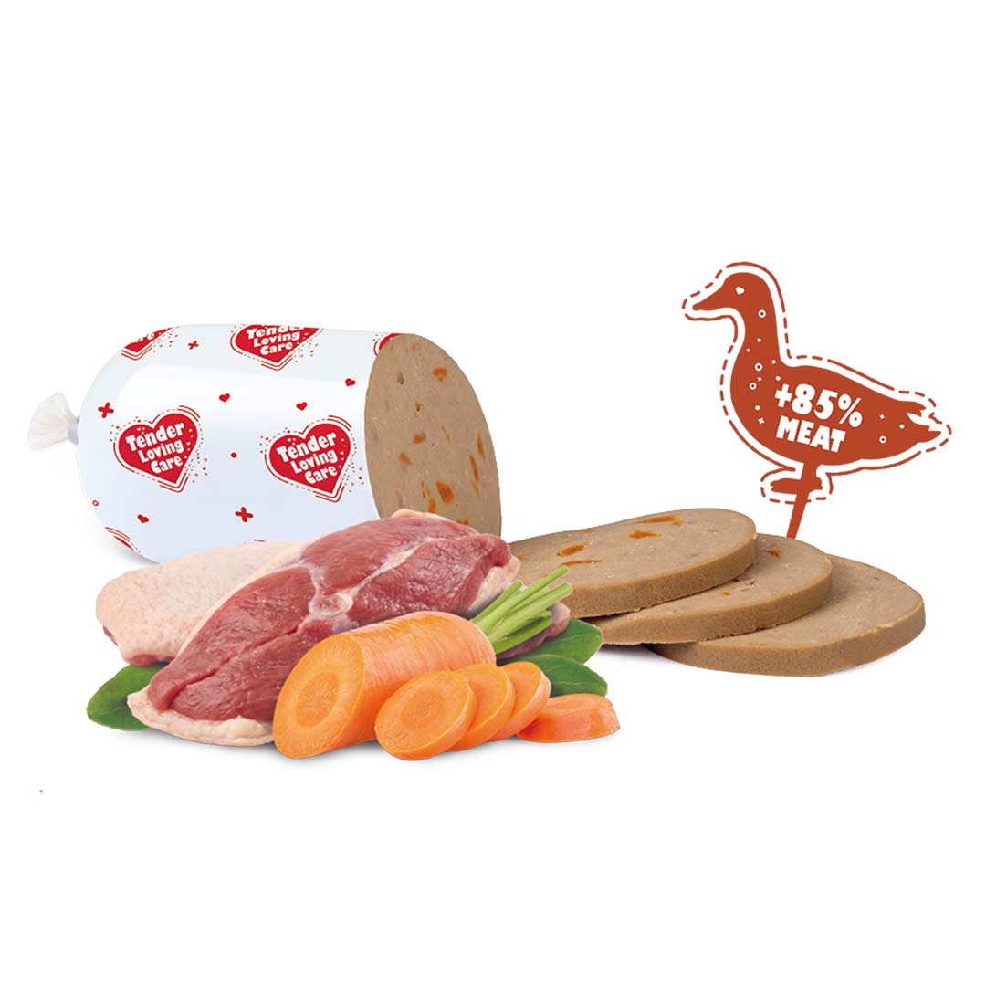 Tender Loving Care Duck and Carrot sausage serving and ingredients illustration