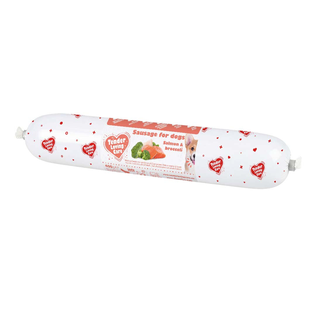Tender Loving Care Salmon and Broccoli dog sausage 400g wrapped product