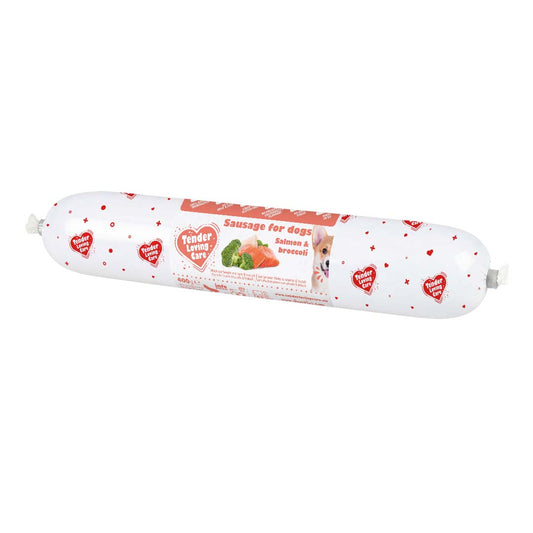 Tender Loving Care Salmon and Broccoli dog sausage 400g wrapped product
