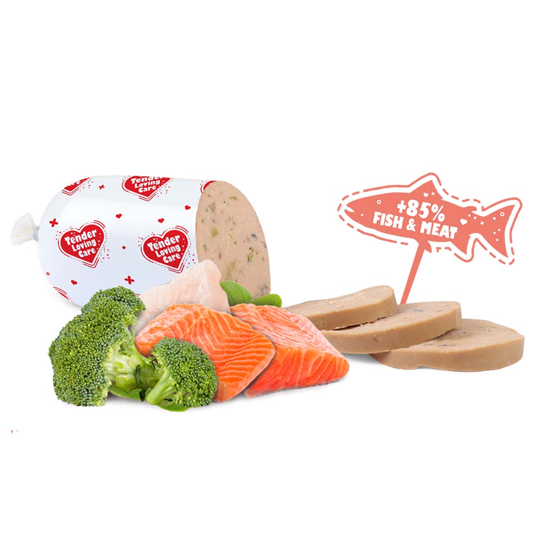Tender Loving Care Salmon and Broccoli sausage serving and ingredients illustration