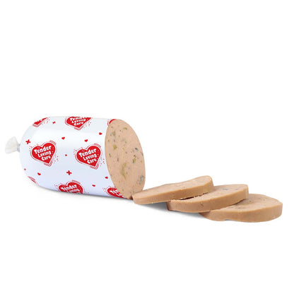 Tender Loving Care Salmon and Broccoli dog sausage cut into slices